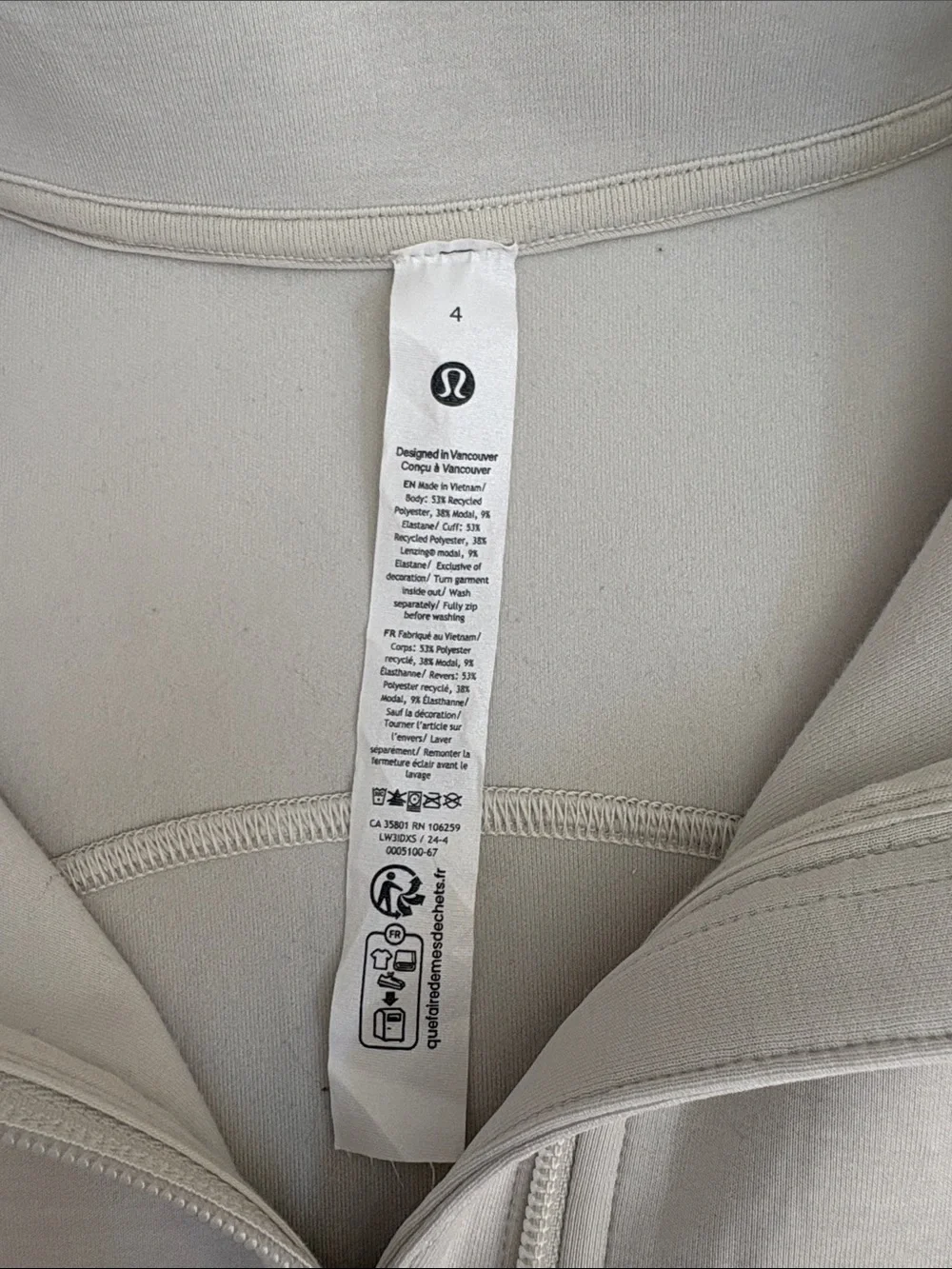 lululemon athletica soft stream half zip bone color size 4 jacket